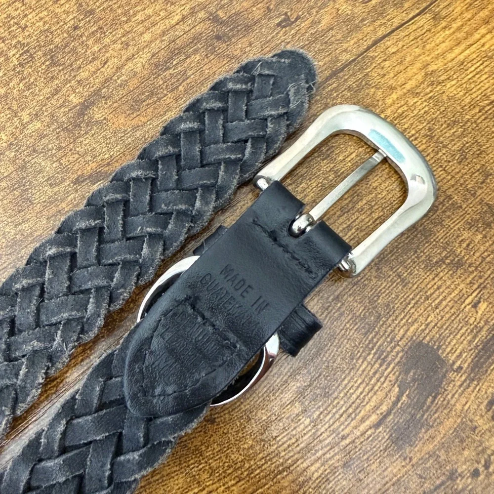 Vtg Black Braided Genuine Leather Belt Womens M/L Silver Buckle Preppy Classic - Picture 9 of 10